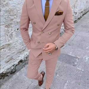 065fe2ae2e12a843a252dbd177e4e7583bca2a6143b6326f074b96668c84e3fd.jpg Business Solid Lapel Collar Double Breasted Blazer & Pants 2Pcs Set