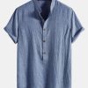 0b145276e2d153da71d6635ca6e766393e8d11d64a97f8a4e56cf3b3bf8fc7d9.jpg Short Sleeve Half Button Fly Henley Collar Shirt & Linen Cotton Blend 11" Shorts