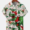 Men's Christmas Dinosaur Print Short Sleeve Hawaiian Shirt with Chest Pocket