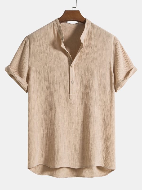 0f2816915df00670e894993b5d00bbf5cd042f0f653cb13b42afeaa2da6a7c42.jpg Wrinkled Cotton Half Open Placket Henley Collar Shirt & Straight Leg Linen Pants