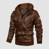 11f2b142748985cd7b6a5896e64e0a7c841087cf709718cff489570ae6b36842.jpg Men's Stand Collar PU Faux Leather Jacket 6 Pockets Motorcycle Bomber Fall Winter Jacket with a Removable Hood