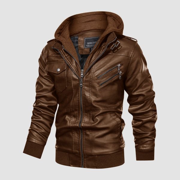 11f2b142748985cd7b6a5896e64e0a7c841087cf709718cff489570ae6b36842.jpg Men's Stand Collar PU Faux Leather Jacket 6 Pockets Motorcycle Bomber Fall Winter Jacket with a Removable Hood