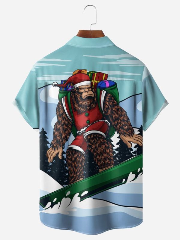 Christmas Bigfoot Chest Pocket Short Sleeve Casual Shirt
