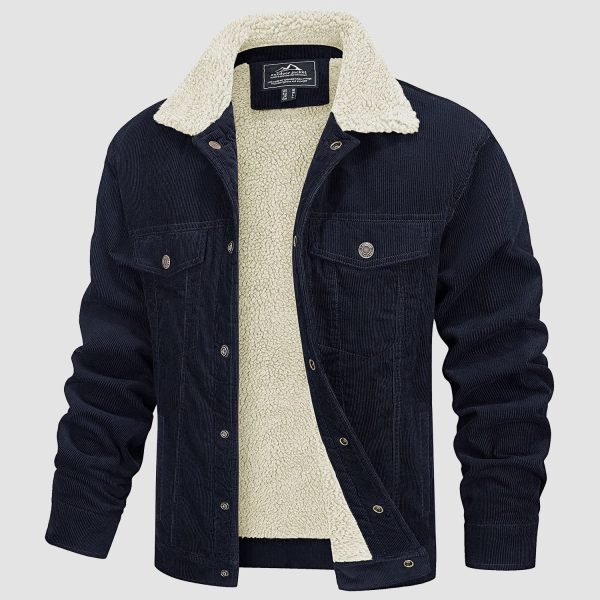 Men's Corduroy Jacket Sherpa Lined Cargo Jackets Cotton Turn Down Collar Winter Warm Casual Work Coat with 5 Pockets
