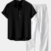 1a29a71238008b7852ac843d1692cb90080b81bfea916d53a02018894a278560.jpg Wrinkled Cotton Half Open Placket Henley Collar Shirt & Straight Leg Linen Pants