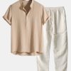 1fb6ba97144441c8f5c46b007b2aa781ac27d2a13746bf0c33f3c3f59fabe5e7.jpg Wrinkled Cotton Half Open Placket Henley Collar Shirt & Straight Leg Linen Pants