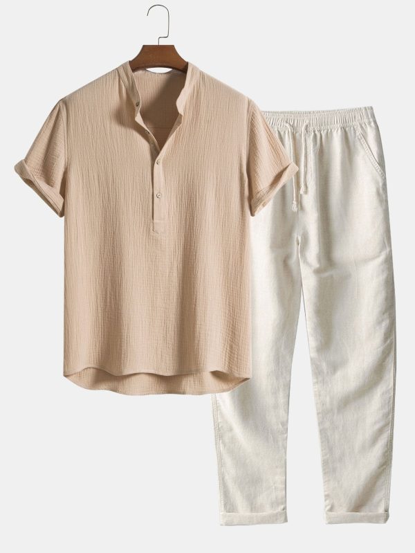 1fb6ba97144441c8f5c46b007b2aa781ac27d2a13746bf0c33f3c3f59fabe5e7.jpg Wrinkled Cotton Half Open Placket Henley Collar Shirt & Straight Leg Linen Pants