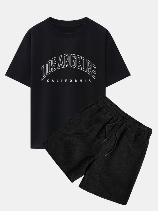29fb083ca2b4bbafb5b2137c01b0f72ac14d45f1dca75dfafdf73026522057ad.jpg Los Angeles Letter Print Drop Shoulder Oversize T-Shirt & Corduroy Shorts
