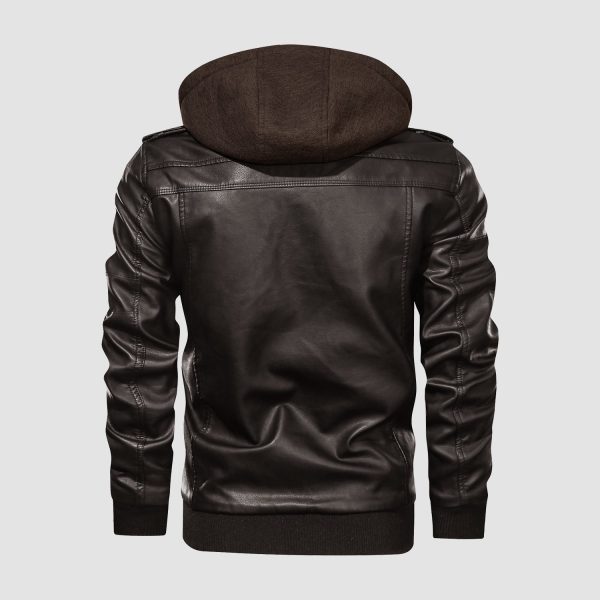 2a13d222e7de9d2dfd5d250db865cadd8696f6722251a937848c011d738d4080.jpg Men's Stand Collar PU Faux Leather Jacket 6 Pockets Motorcycle Bomber Fall Winter Jacket with a Removable Hood