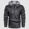 2aa99cdc4322465c693dab6e774fd0f6f3749a5f11649f600dc1ce19a56c04f3.jpg Men's Stand Collar PU Faux Leather Jacket 6 Pockets Motorcycle Bomber Fall Winter Jacket with a Removable Hood