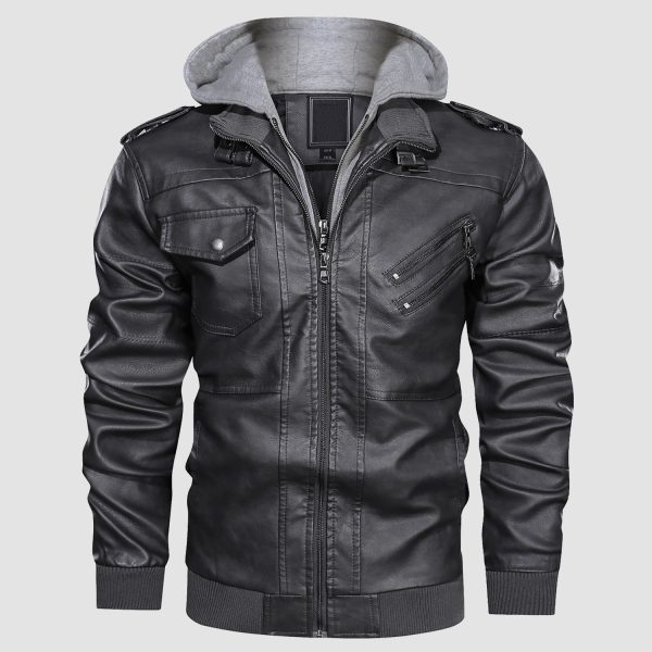 2aa99cdc4322465c693dab6e774fd0f6f3749a5f11649f600dc1ce19a56c04f3.jpg Men's Stand Collar PU Faux Leather Jacket 6 Pockets Motorcycle Bomber Fall Winter Jacket with a Removable Hood
