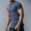 Men's Outdoor Casual Solid Color Henley Collar Bottoming Shirt Sports Fitness Running Slim Short-sleeved T-shirt