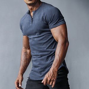 2b2248cfbab356918901dc86b6be8121df278edc5c0ed5ba170f1b457962b00e.jpg Men's Outdoor Casual Solid Color Henley Collar Bottoming Shirt Sports Fitness Running Slim Short-sleeved T-shirt