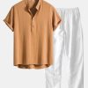 2d4bcc1d9319763f2db73cbf13f16c95fa69a44fcbf832c6ba3417617050d4fb.jpg Linen Blend Striped Half Open Placket Henley Collar Shirt & Straight Leg Linen Pants