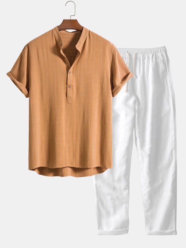 2d4bcc1d9319763f2db73cbf13f16c95fa69a44fcbf832c6ba3417617050d4fb.jpg Linen Blend Striped Half Open Placket Henley Collar Shirt & Straight Leg Linen Pants