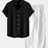 Linen And Rayon Blend Stand Collar Shirt & Straight Leg Linen Pants