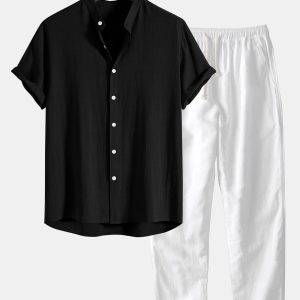 Linen And Rayon Blend Stand Collar Shirt & Straight Leg Linen Pants