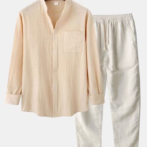 3004bc13a9a5688874a58c8654265a38dd1cf65e6784d423ab2fc57428a47bcb.jpg Long Sleeved Linen Look Stand Collar Shirt & Straight Leg Linen Pants