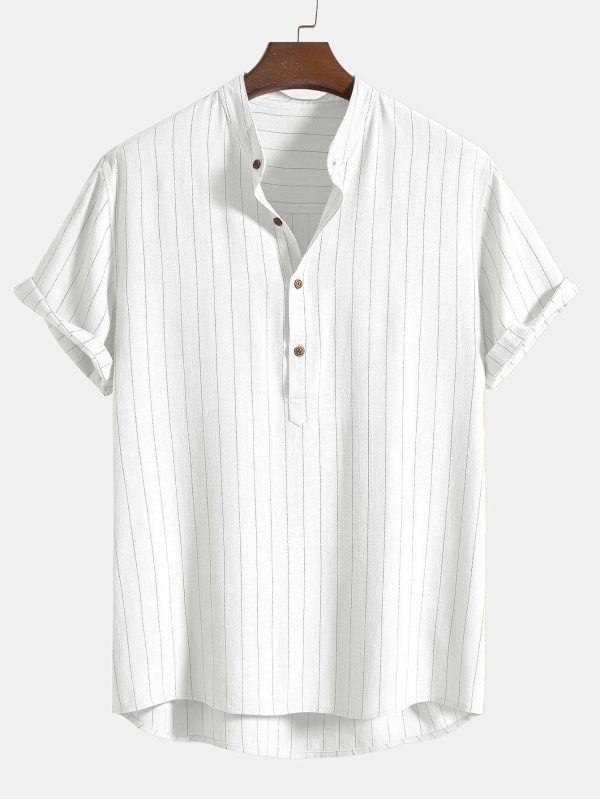 338a166cbfea5118485f74c37147ce3f772ad5c2a50ff67fd199eb11d547f2ff.jpg Linen Blend Striped Half Open Placket Henley Collar Shirt & Straight Leg Linen Pants
