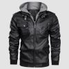 3db2330459f22ce1ba06b37e9483ec189768d4dec891c833127c08a025380aa4.jpg Men's Stand Collar PU Faux Leather Jacket 6 Pockets Motorcycle Bomber Fall Winter Jacket with a Removable Hood