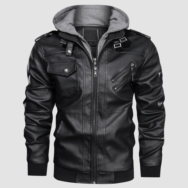 3db2330459f22ce1ba06b37e9483ec189768d4dec891c833127c08a025380aa4.jpg Men's Stand Collar PU Faux Leather Jacket 6 Pockets Motorcycle Bomber Fall Winter Jacket with a Removable Hood