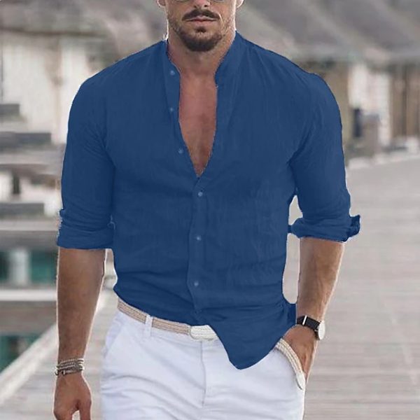4783f2784e4e881b4a9a220459461f4aeb9d9021654cbccbf69f005f39c87850.jpg Men's Linen Solid Color Casual Stand Collar Long Sleeve Shirt