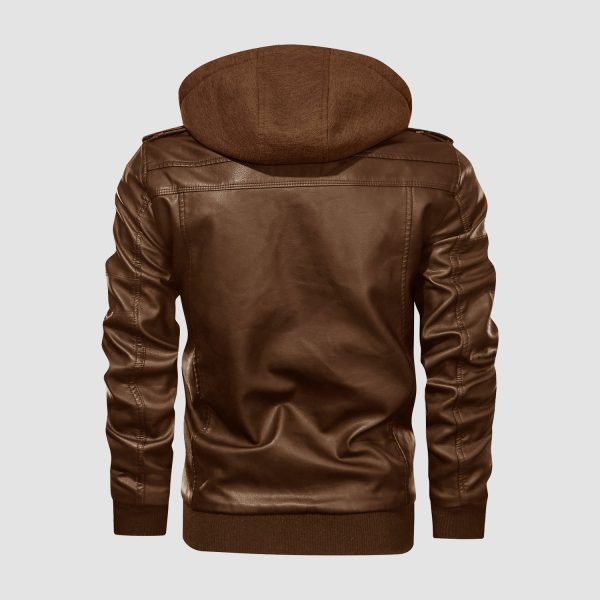 48fe74d861e7af1dffa3c93c84b85847310115edef50ba3b1fc32784bf8288dd.jpg Men's Stand Collar PU Faux Leather Jacket 6 Pockets Motorcycle Bomber Fall Winter Jacket with a Removable Hood