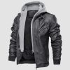 5cfbb746c865a70c29f9470f55f7370af3e61e9d9a04d60734ac68a1a087b2d7.jpg Men's Stand Collar PU Faux Leather Jacket 6 Pockets Motorcycle Bomber Fall Winter Jacket with a Removable Hood