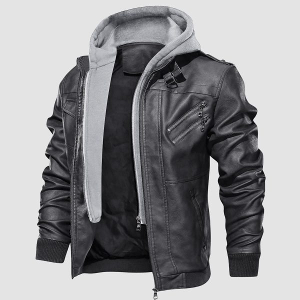 5cfbb746c865a70c29f9470f55f7370af3e61e9d9a04d60734ac68a1a087b2d7.jpg Men's Stand Collar PU Faux Leather Jacket 6 Pockets Motorcycle Bomber Fall Winter Jacket with a Removable Hood