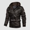 62de5e08f6670d66ba578fac8e4840a12965904ced9361a2c125c4fdf90f1677.jpg Men's Stand Collar PU Faux Leather Jacket 6 Pockets Motorcycle Bomber Fall Winter Jacket with a Removable Hood