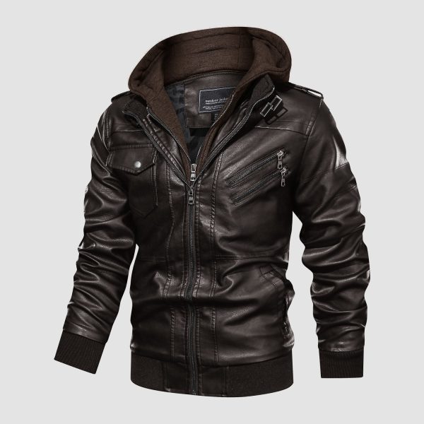 62de5e08f6670d66ba578fac8e4840a12965904ced9361a2c125c4fdf90f1677.jpg Men's Stand Collar PU Faux Leather Jacket 6 Pockets Motorcycle Bomber Fall Winter Jacket with a Removable Hood