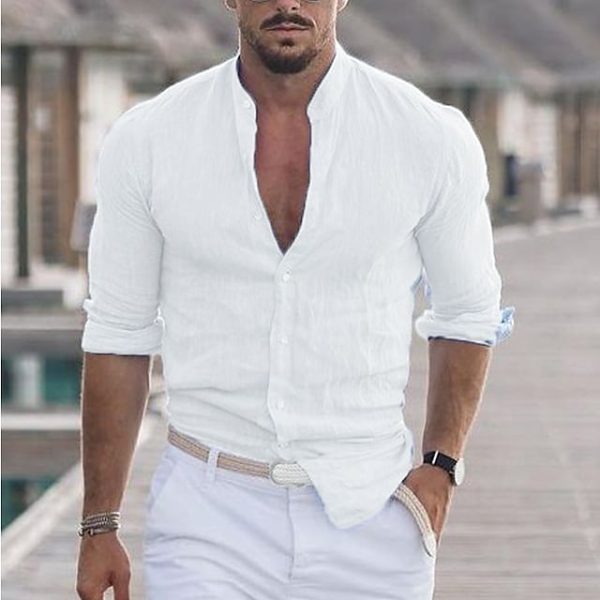 636a67eb32f8241c03320213911d0a295f31dc6cd89bd7107a983b1a81c17d93.jpg Men's Linen Solid Color Casual Stand Collar Long Sleeve Shirt
