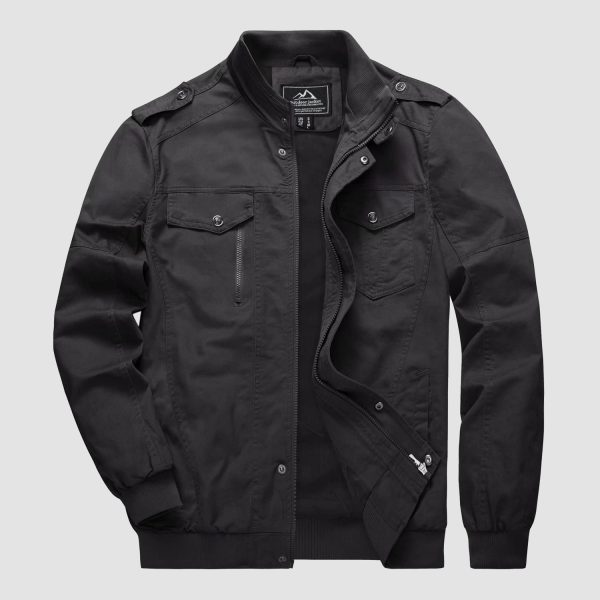 Men's Cotton Cargo Jackets Stand Collar Lightweight Tactical Jacket Windbreaker 4 Pockets