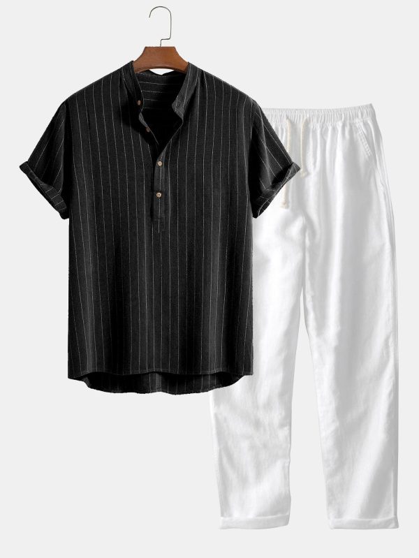 669bdd41f10b0d7f4ef5a5fc25f2d49452078e83ff62b0db02f5639803614a02.jpg Linen Blend Striped Half Open Placket Henley Collar Shirt & Straight Leg Linen Pants