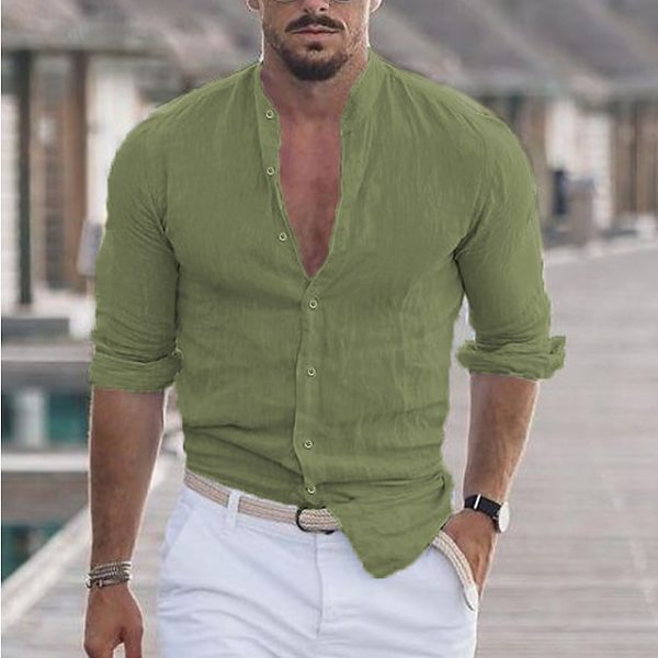 6838acff3de24f7e2c5f6d67b5a8ff13957b0a01caacab64de7a2c4dc3670ff0.jpg Men's Linen Solid Color Casual Stand Collar Long Sleeve Shirt