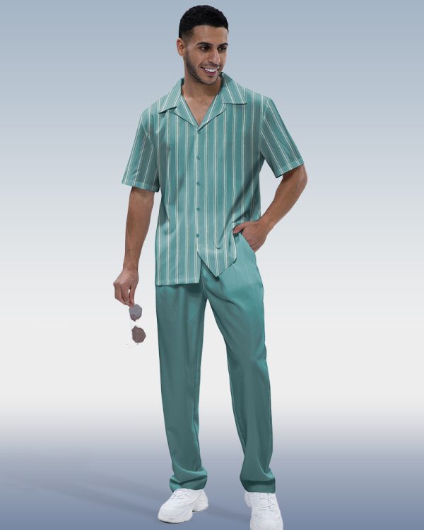 6b048da6dce737bd2d86a1ee8d9cfe89f9f6fe2696057f69b8ec92cf1da2fd28.jpg Vertical Stripe Two-Piece Short Sleeve Printed Walking Suit