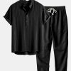 7726a7ccc0cdccc3415a8e8dd6d2eed24c71ba72c68c58340ef0b82165392121.jpg Linen Blend Striped Half Open Placket Henley Collar Shirt & Straight Leg Linen Pants