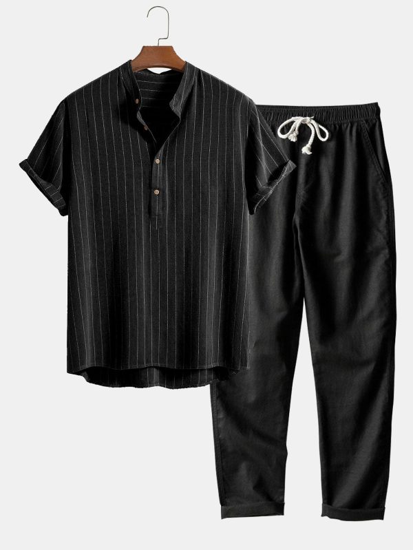 7726a7ccc0cdccc3415a8e8dd6d2eed24c71ba72c68c58340ef0b82165392121.jpg Linen Blend Striped Half Open Placket Henley Collar Shirt & Straight Leg Linen Pants