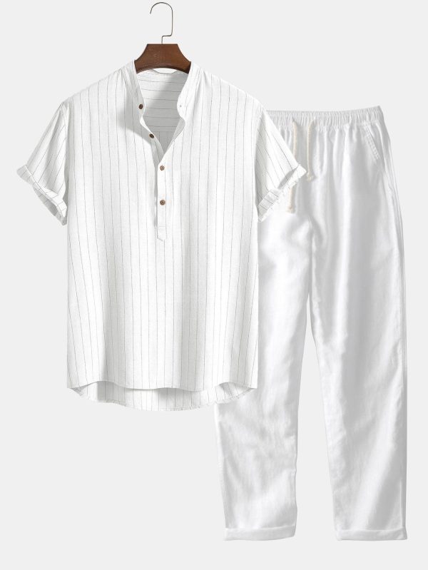 78549e28aae079cdf094449e111155a7916fdd211653f5f8a3fc596974add9e6.jpg Linen Blend Striped Half Open Placket Henley Collar Shirt & Straight Leg Linen Pants