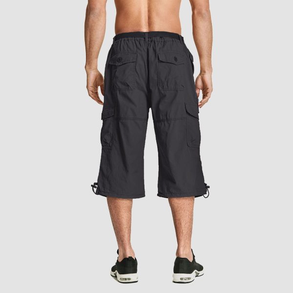 Men Summer Casual 3/4 Long Cargo Shorts Twill Cotton Elastic Waist Multiple Pockets Comfortable Capris Trousers