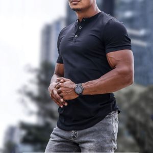 7c090e96cf48fdd1078653602cd069fb6b4a851f00a5bee3f165690b58a6b660.jpg Men's Spring/Summer Henley Stretch Slim T-Shirt