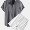 7d4fce045f1b6828b8f47fe9663c65e4db3a7bada2f954c7cf7961e13909bfa9.jpg Short Sleeve Half Button Fly Henley Collar Shirt & Linen Cotton Blend 11" Shorts