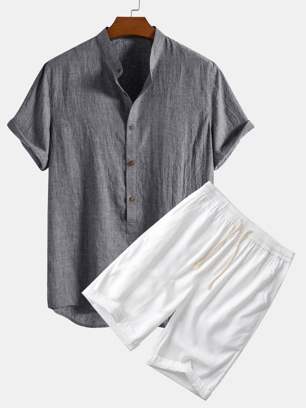 7d4fce045f1b6828b8f47fe9663c65e4db3a7bada2f954c7cf7961e13909bfa9.jpg Short Sleeve Half Button Fly Henley Collar Shirt & Linen Cotton Blend 11" Shorts