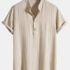 817d8afd35e23febeaecd5386d372af380df615162b5d3001fff1de65b9e8cb0.jpg Linen Blend Striped Half Open Placket Henley Collar Shirt & Straight Leg Linen Pants