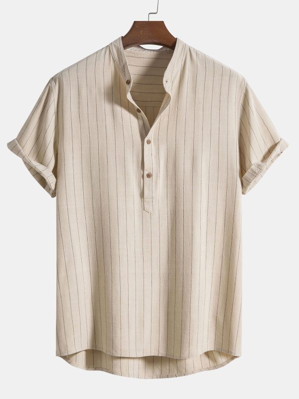 817d8afd35e23febeaecd5386d372af380df615162b5d3001fff1de65b9e8cb0.jpg Linen Blend Striped Half Open Placket Henley Collar Shirt & Straight Leg Linen Pants