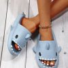 Women Blue Cartoon Shark Design Single Band Slides