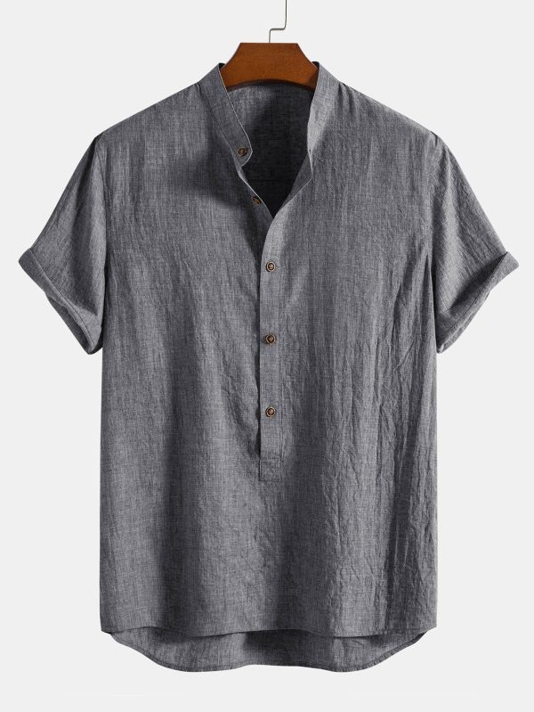 8d4831e7e54b69cacdd8a57b388ee0f3f516ba17fc917fddf243f913e9c6762f.jpg Short Sleeve Half Button Fly Henley Collar Shirt & Linen Cotton Blend 11" Shorts