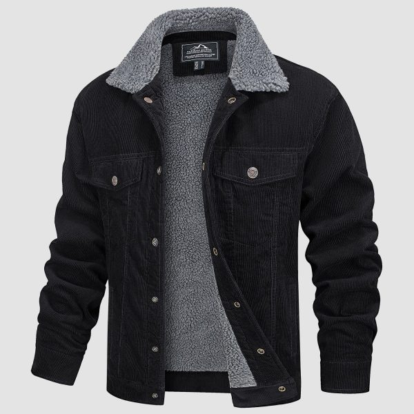 Men's Corduroy Jacket Sherpa Lined Cargo Jackets Cotton Turn Down Collar Winter Warm Casual Work Coat with 5 Pockets