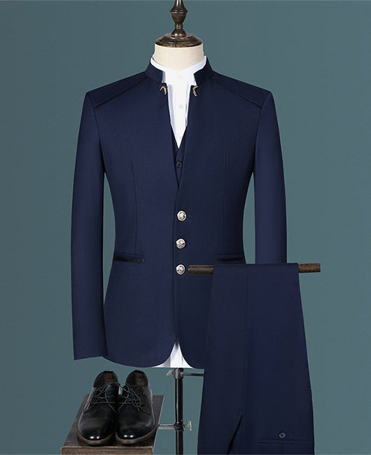 9d0e86d3d3f16812041fc9492a22f21429c3c0332a4cc469b8dd21d3c7badc45.jpg Business Plain Mock Neck Button Front Blazer & Pants Set