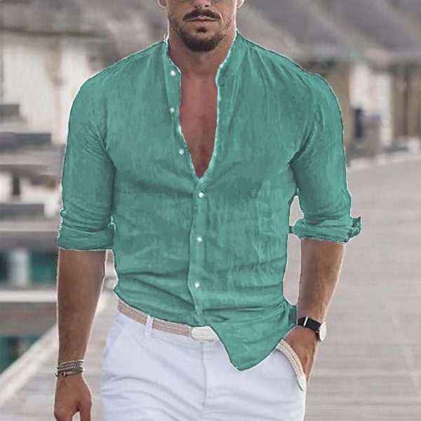 a36b5cfd1d63950ddd6b5705c3c038a6043a20f751762184a43174efaea509ca.jpg Men's Linen Solid Color Casual Stand Collar Long Sleeve Shirt
